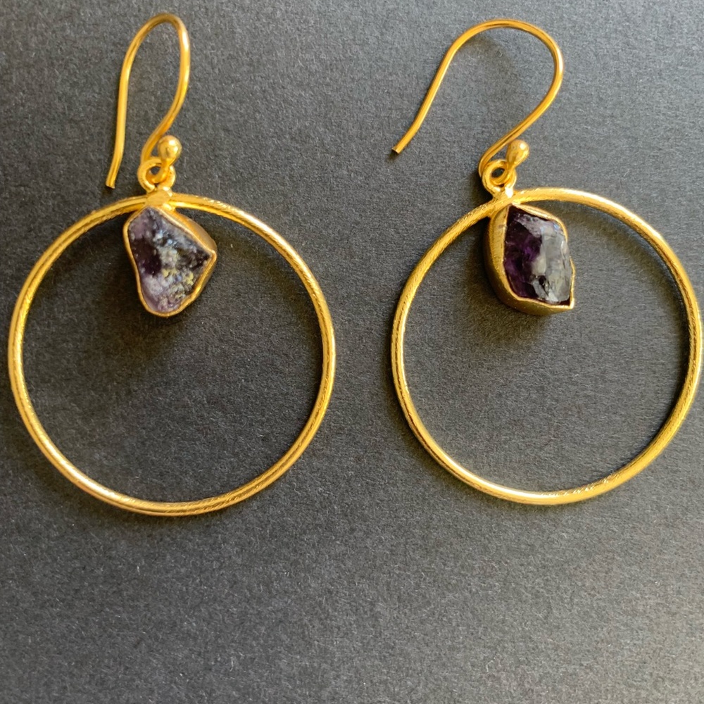 Brass 18k Gold Plated Raw Amethyst Earrings